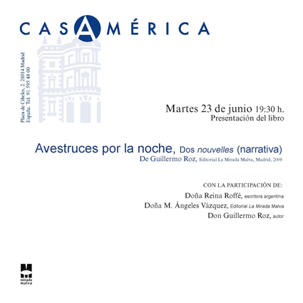 Invitaci�n a la presentaci�n de Avestruces por la noche, de Guillermo Roz
